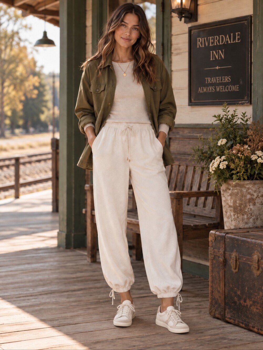 H&M Cream Linen Blend Drawstring Jogger Pants Ankle Tie Small